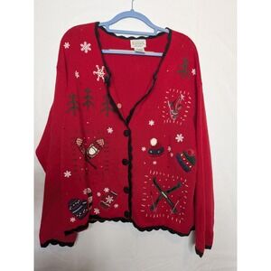 Vtg Granny Core Embroidered Cardigan Sweater Size Large Red Winter Chunky Knit